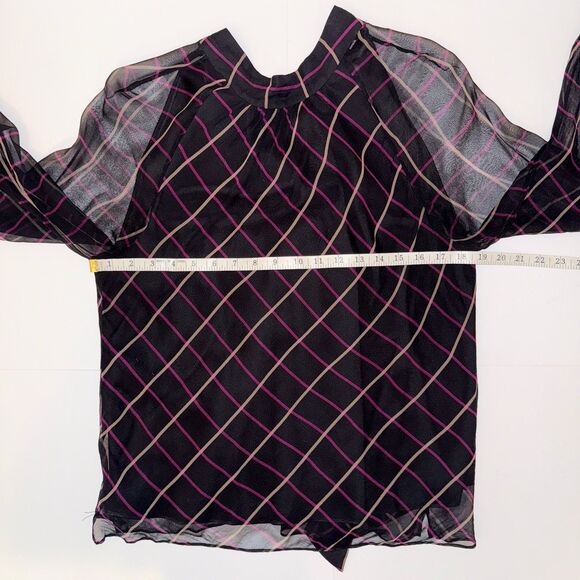 Milly Sioane Windowpane Print Silk Chiffon Top Black Pink Blouse Sheer Sleeves L - Picture 10 of 16